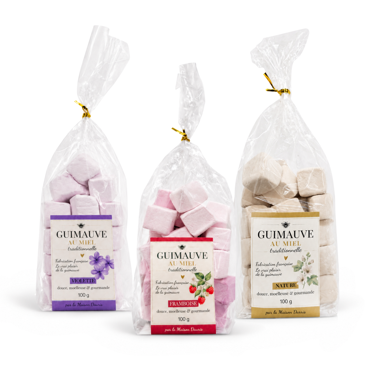 Lot de 3 guimauves au miel (nature, framboise & violette)
