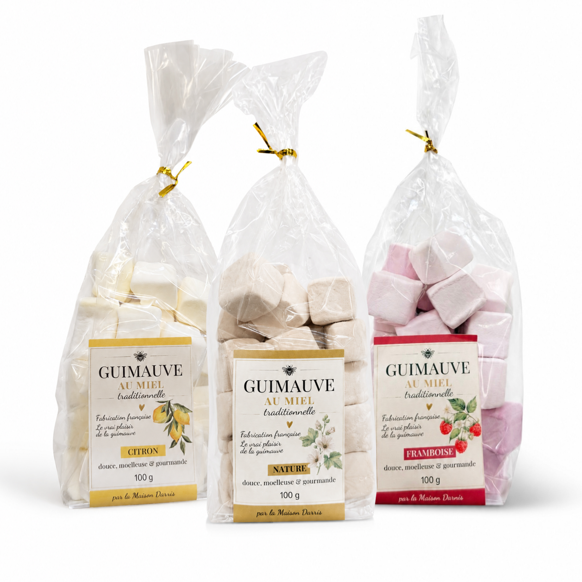 Lot de 3 guimauves au miel (nature, framboise & citron)