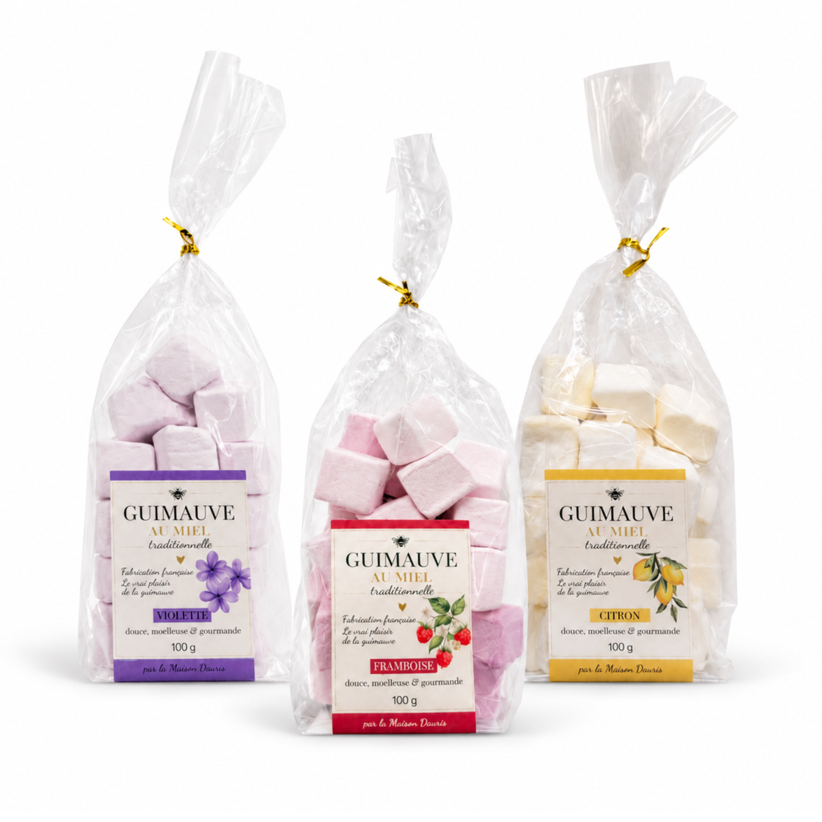 Lot de 3 guimauves au miel (framboise, citron & violette)